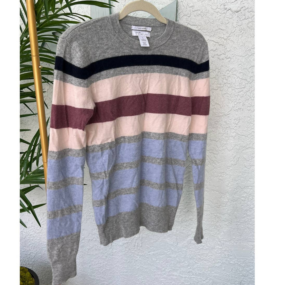 Nordstrom Gray Striped Crewneck Sweater with Pink, Burgundy & Light Blue Stripes